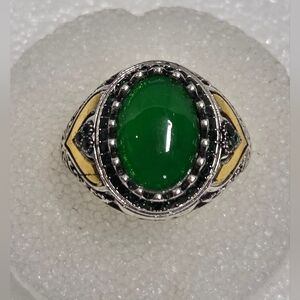 Unisex Green Stone & Rhinestone Silver With Gold Accents Ring